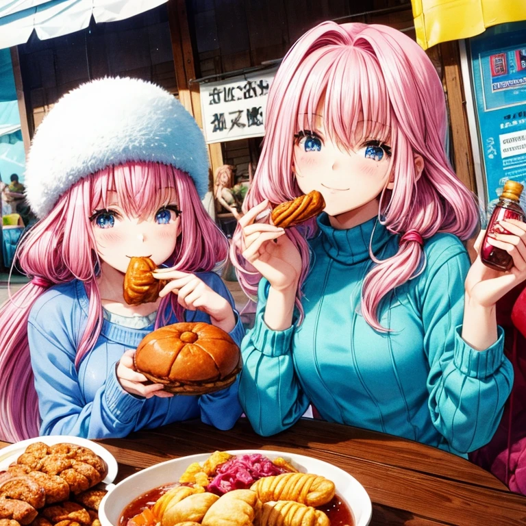 Pink-haired woman with wheel eyes wearing a blue sweater eating piroshki and borsch at a Russian street food stall　highest quality　Tight clothing　There is a bottle of vodka on the table　Borsch 1.5