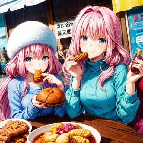 Pink-haired woman with wheel eyes wearing a blue sweater eating piroshki and borsch at a Russian street food stall　highest quali...