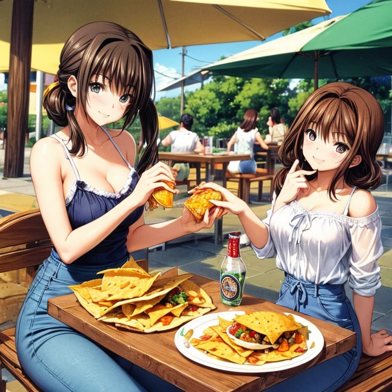 Woman eating tacos, tortillas and nachos at a Mexican food stall　Tight clothing　highest quality　Corona beer and tequila on the table　Slim jeans