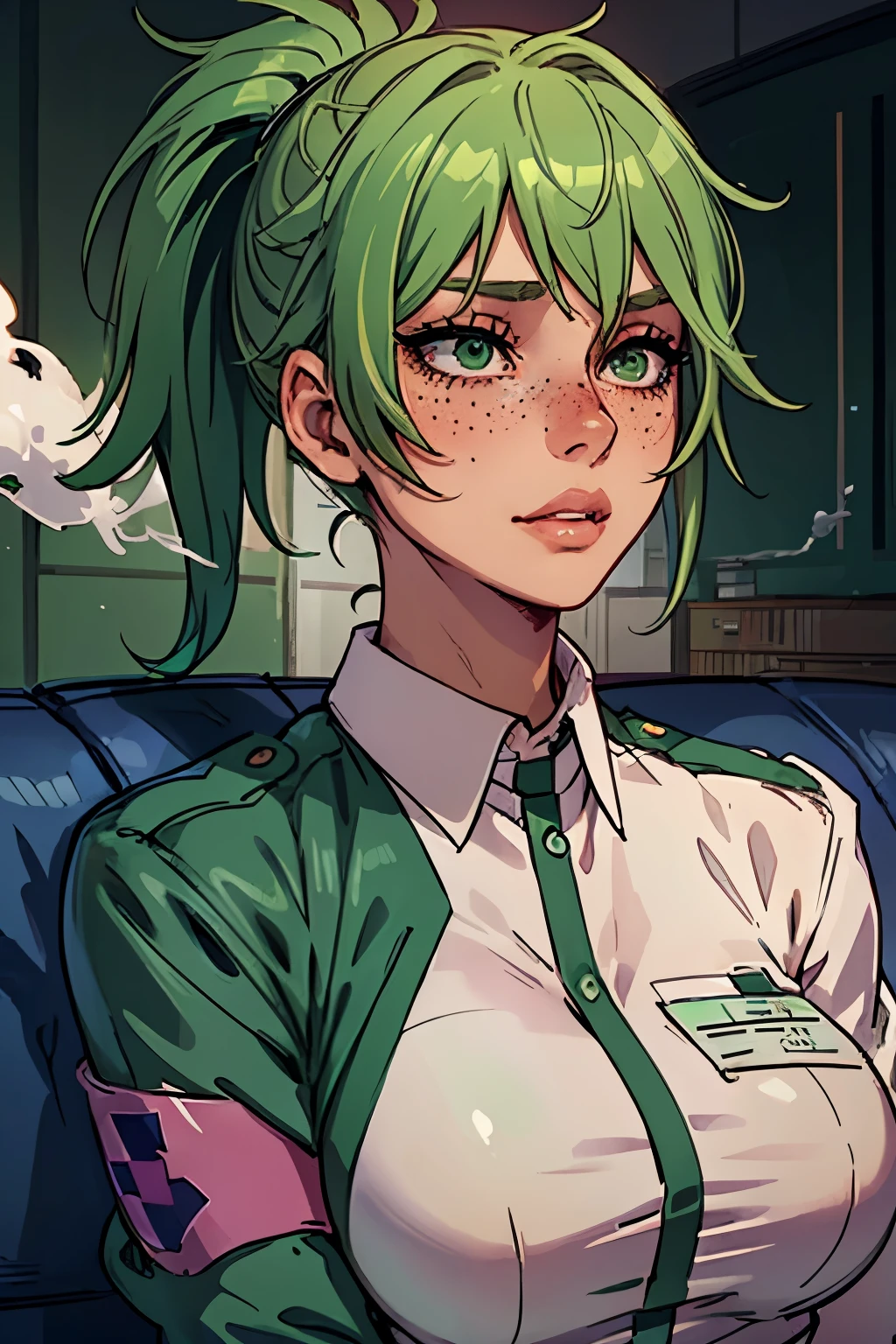 Masterpiece, best quality, centered in frame, portrait, female, tan skin, stressed expression, busty, exhaling smoke, eye bags, emt gear, name tag, nervous, pink full lips, messy ponytail, bright green hair, couch landscape, green eyes, paramedic uniform, freckles, beautiful