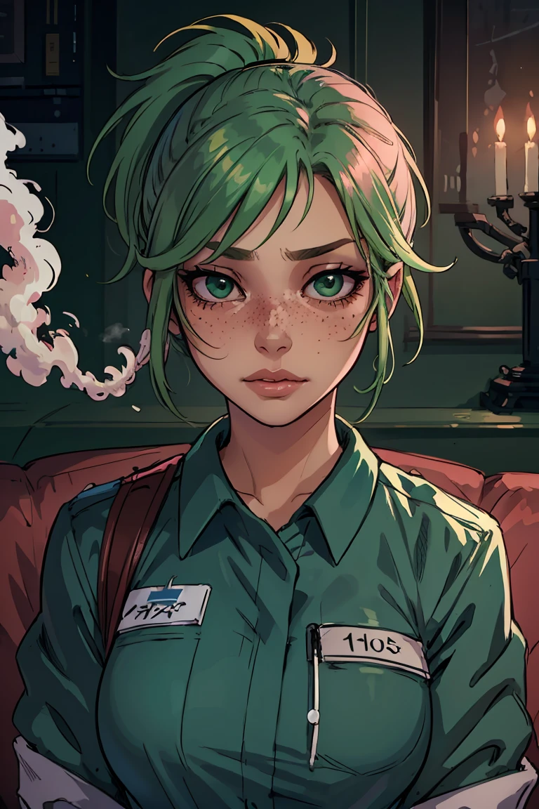 Masterpiece, best quality, centered in frame, portrait, female, tan skin, stressed expression, busty, exhaling smoke, eye bags, emt gear, name tag, nervous, pink full lips, messy ponytail, bright green hair, couch landscape, green eyes, paramedic uniform, freckles, beautiful