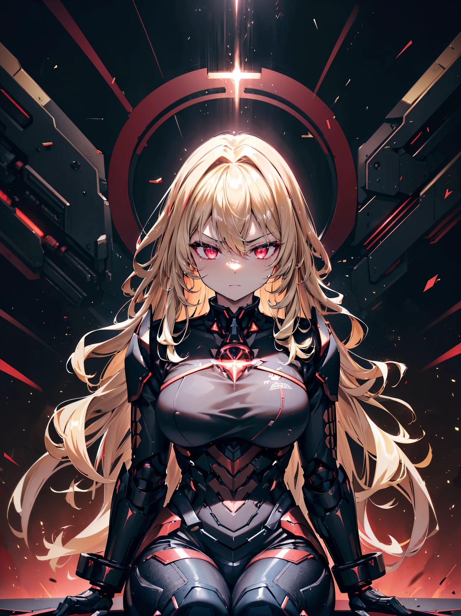 (Armed female warrior with curves and strong muscles), (Evil look), ((Voluminous wavy blonde hair)), Glowing red eyes, ((She has a large high-tech dark red star on her chest.)), Sophisticatedディテール, (Sophisticated, Wear high-tech, futuristic black:70 and dark red:90 タクティカルスカートを備えたSophisticated鎧), Highly militarized, ((Sideways threatening pose)), ((Sitting sideways in a spaceship)), (Holographic Numbers、symbol、Surrounded by stars。), 最high quality, Sharp and clear lines, high quality, 8K Professional Image

