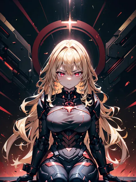 (Armed female warrior with curves and strong muscles), (Evil look), ((Voluminous wavy blonde hair)), Glowing red eyes, ((She has...