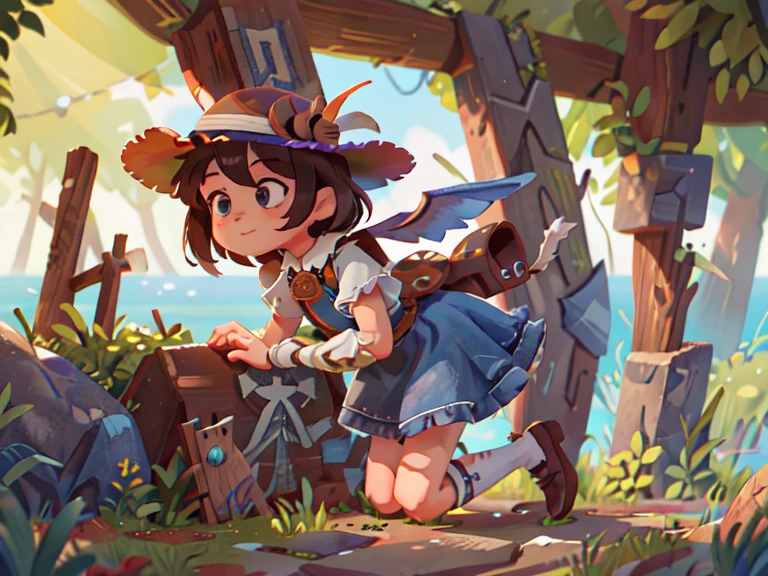 (Best Quality, Masterpiece: 1.1), Fedora Hat, Black Frilled Hem Dress, Cross Shoulder Pockets, High Knee Socks, Surreal, (Fantasy, Medieval, Ancient: 1.2), Denim Lens, Side View, 1girl, On the Sea, Cute Medium , Bright Face, White Eyes, Short Hair, Flip Hair, Brown Hair, Ultra HD