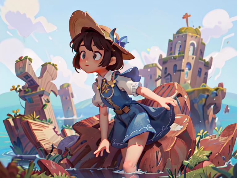 (Best Quality, Masterpiece: 1.1), Fedora Hat, Black Frilled Hem Dress, Cross Shoulder Pockets, High Knee Socks, Surreal, (Fantasy, Medieval, Ancient: 1.2), Denim Lens, Side View, 1girl, On the Sea, Cute Medium , Bright Face, White Eyes, Short Hair, Flip Hair, Brown Hair, Ultra HD