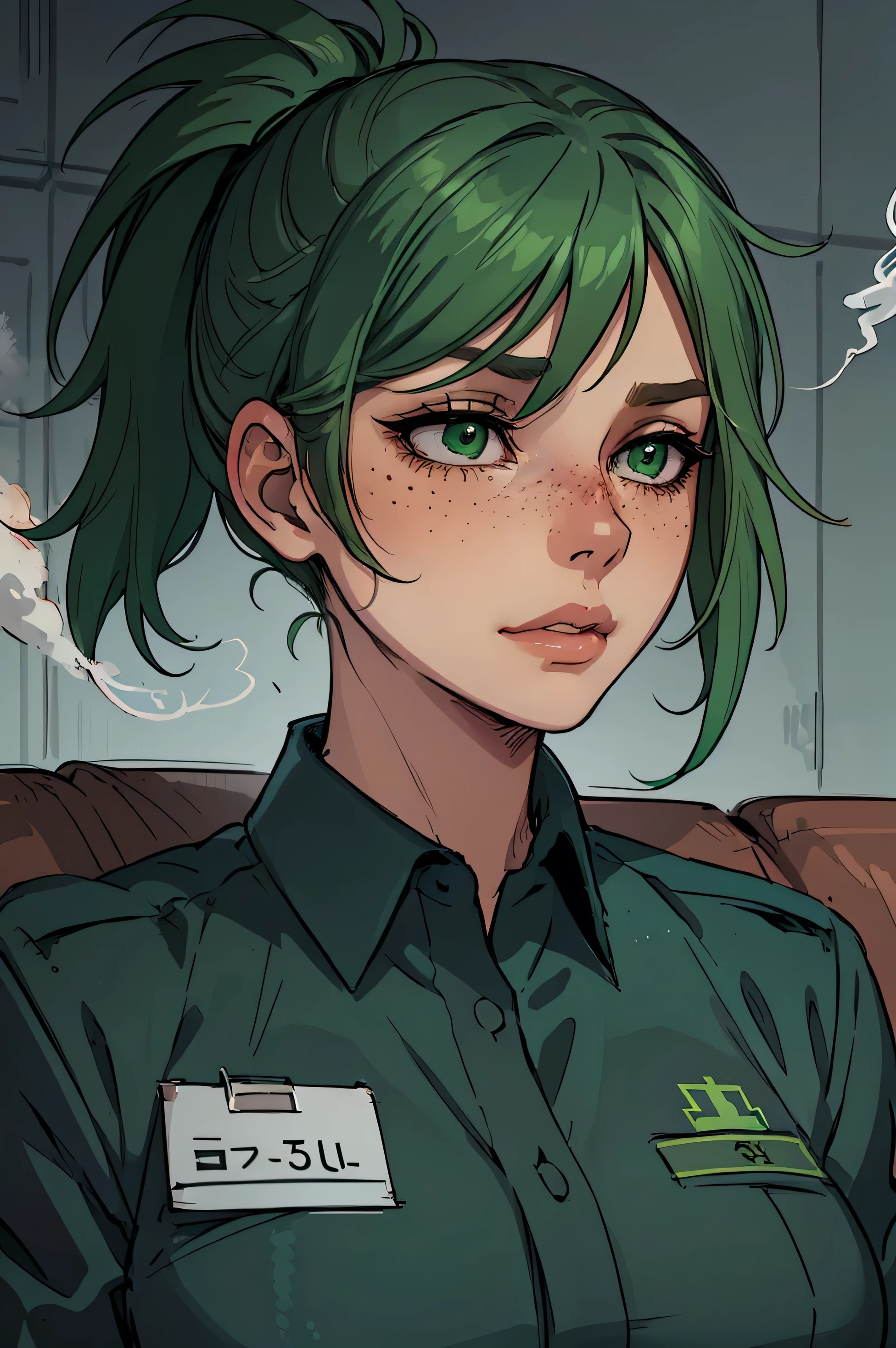 Masterpiece, best quality, centered in frame, portrait, female, tan skin, stressed expression, busty, exhaling smoke, eye bags, emt gear, name tag, nervous, full lips, messy ponytail, bright green hair, couch landscape, green eyes, paramedic uniform, freckles, beautiful