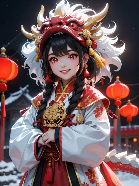masterpiece,(best quality),Very detailed,Ultra Detailed, (1 girl), Chinese traditional clothing, Red衣服, dragon hat, dragon, Vivi...