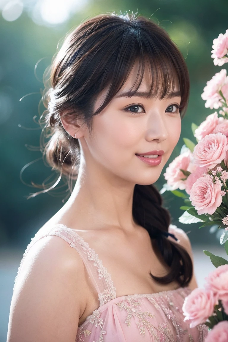 Medium View, Medium Shot, Written boundary depth, bust, Upper Body, Cinematic Angles, masterpiece, highest quality, Very detailed, cg, 8K Wallpaper, Beautiful Face, Delicate eyes, Otome, alone, smile, bangs, have,pink dot colored dresses, bow, petal, bouquet