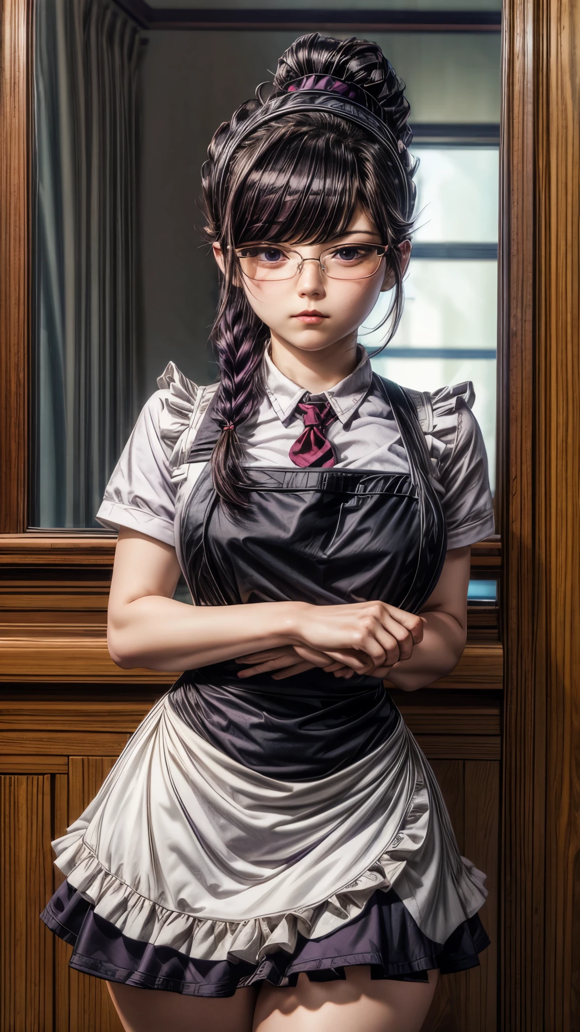 shokokomidef, purple hair, purple eyes, long hair, large breasts, thick thighs, curvy hips 
looking at viewer, enmaided, bangs, apron, frills, expressionless, maid headdress, black-framed eyewear, hair bun, dress, maid, glasses, closed mouth, upper body,
masterpiece, best quality,