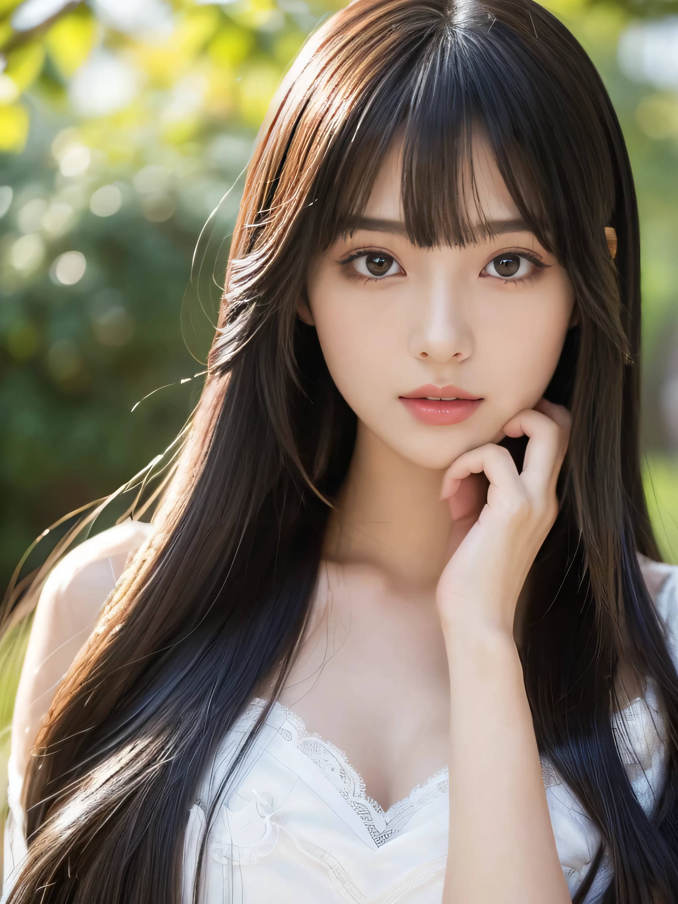 　((Full Shot:1.3))　(big 1.4)　((highest quality)), ((masterpiece)), (Get used to it), Perfect Face　(1 girl)　(Japanese)　(She is 24 years old、The most beautiful fantasy girls in Japan)　((highest quality)), ((masterpiece))　((Her incredibly straight, waist-length, high quality hair is very shiny and glossy and has a lot of volume and shine. Her hair is a deep black.))　(Her bangs are beautiful and lush:1.3)　(She has perfect beautiful makeup　Lipstick is light red　Ilaner is a beautiful black)　Anatomically correct hand　Thin fingers　Anatomically correct five fingers　Beautiful Japanese girl face, (Long Hair shiny Long Hair, length, Shiny Thick black hair, length, Her hair is long and straight, Super Long Hair girl, Silky Hair, Silky Hair, length, Flat Hair, Silky texture, Long Hair, length, Flowing, Thick black hair, thin and shiny hair)　Anatomically correct、White beautiful human skin and detail of hands and fingers　Beautiful Eyes　Mouth Details　the corners of the mouth rise slightly　Cool look　　(The eyebrows are dark brown in color)　　(She is wearing a fantasy pure white lace gown dress and healing spellcaster gear...:1.5　She is wearing a gorgeous white Victorian dress:1.I&#39;wear 5..)　(This is a forest in a fantasy world.:1.5)　(She has a healing wand、Posing as if casting a healing spell:2.2)　(Open your mouth:1.3)　(She turns to the viewer and smiles sweetly..)