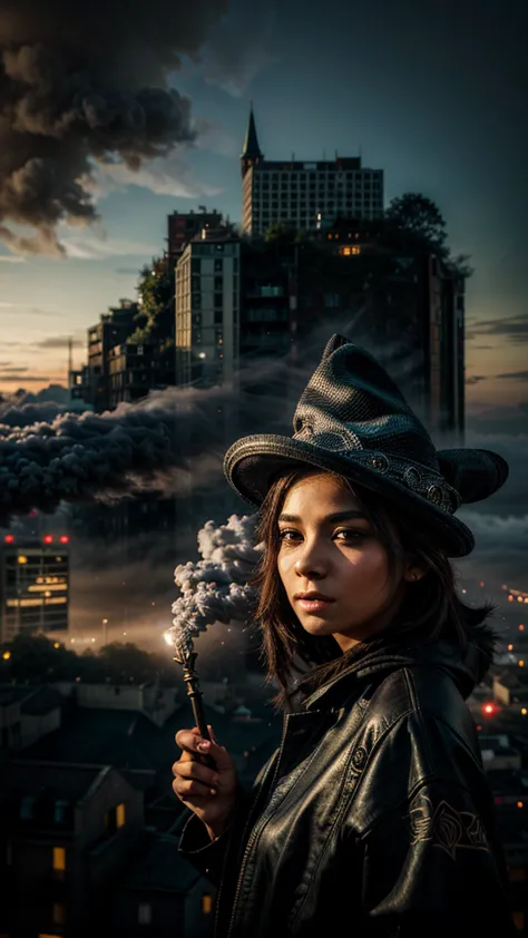A captivating ((masterpiece)) of urban graffiti by Luis Arcy, featuring an extravagant chibi woman made of fog and smoke. The si...