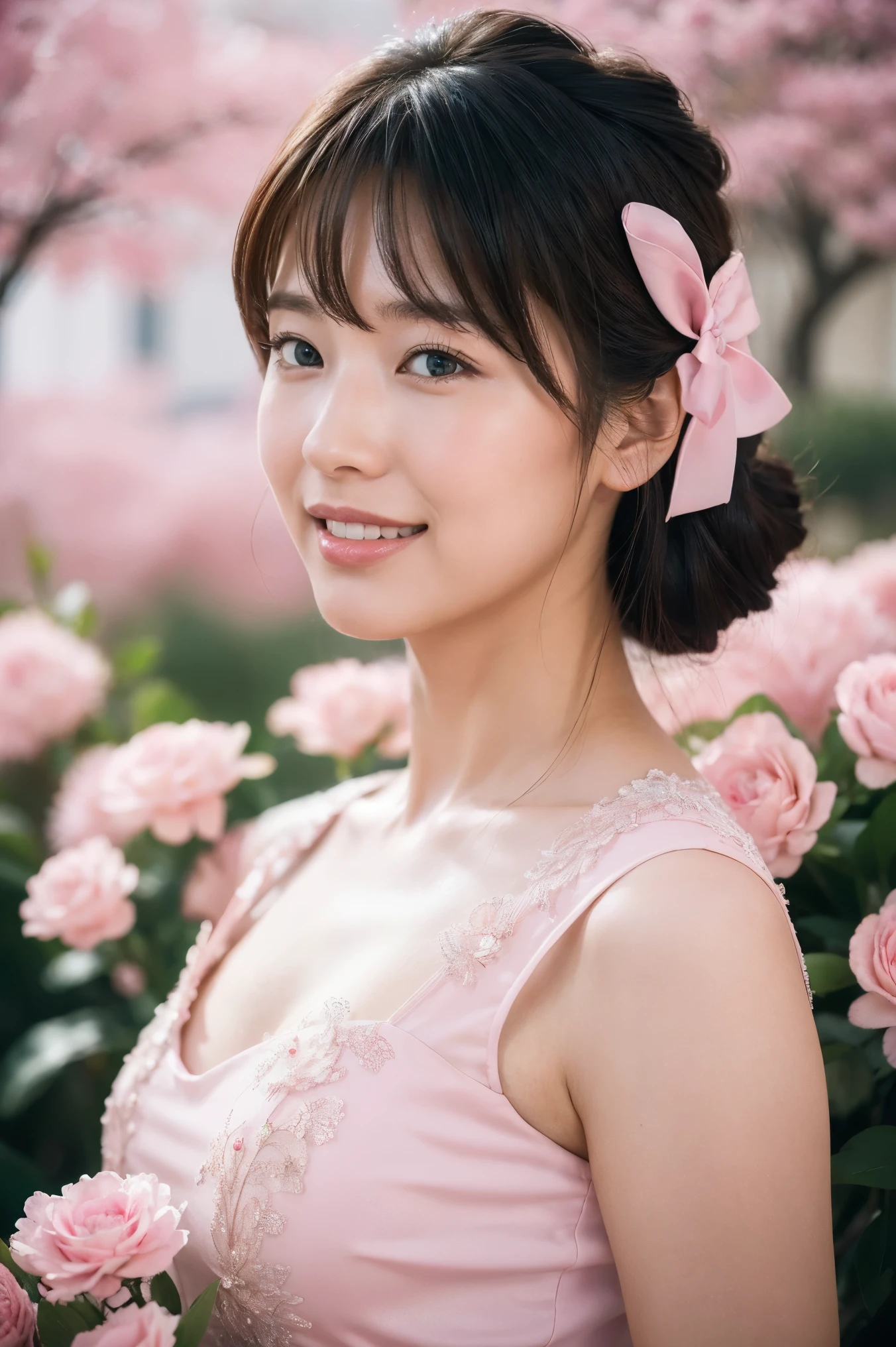 Medium View, Medium Shot, Written boundary depth, bust, Upper Body, Cinematic Angles, masterpiece, highest quality, Very detailed, cg, 8K Wallpaper, Beautiful Face, Delicate eyes, Otome, alone, smile, bangs, have,pink dot colored dresses, bow, petal, bouquet