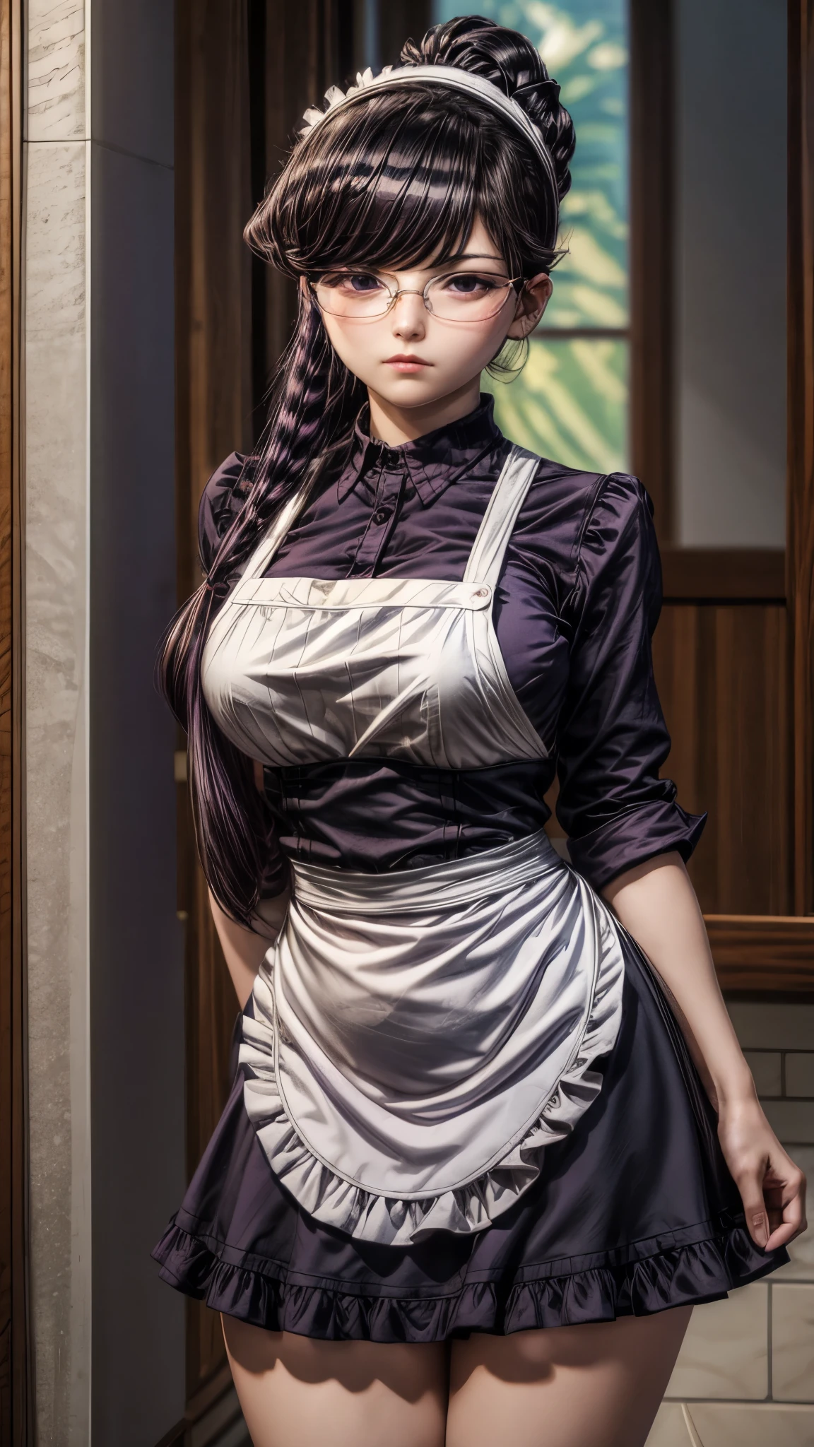 shokokomidef, purple hair, purple eyes, long hair, large breasts, thick thighs, curvy hips 
looking at viewer, enmaided, bangs, apron, frills, expressionless, maid headdress, black-framed eyewear, hair bun, dress, maid, glasses, closed mouth, upper body,
masterpiece, best quality,