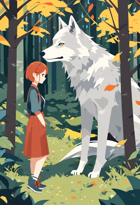 cover page, A girl and a wolf meet in the forest, flat Design, vector illustrations, graphic illustration, detailed 2d illustrat...