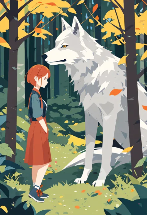 cover page, a girl and a wolf meet in the forest, flat design, vector illustrations, graphic illustration, detailed 2d illustrat...