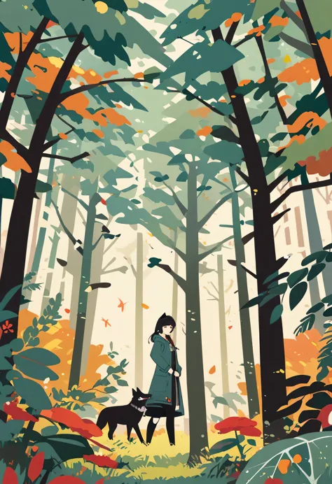 cover page, A girl and a wolf meet in the forest, flat Design, vector illustrations, graphic illustration, detailed 2d illustration, flat illustration, digital illustration, digital artwork,