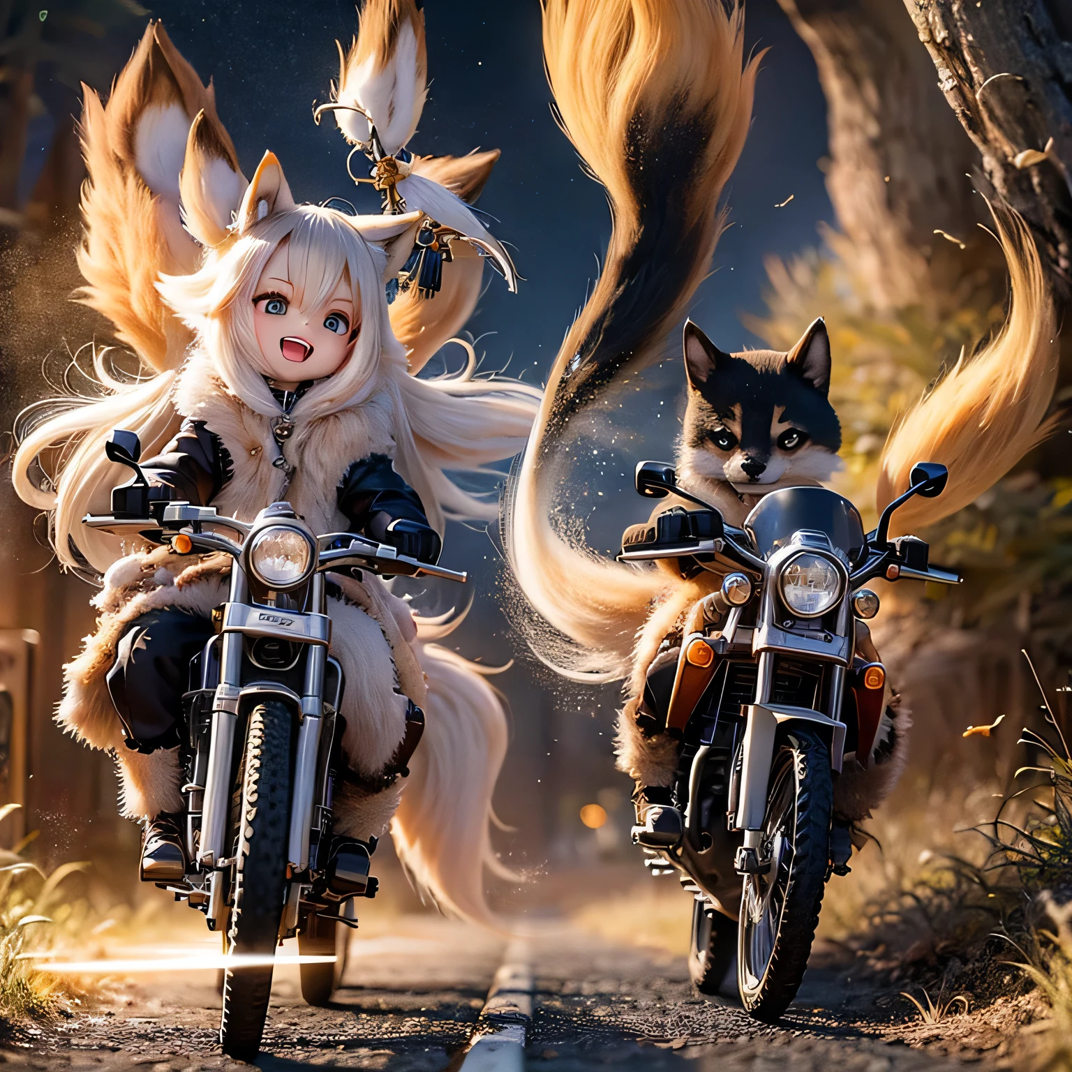 (de la máxima calidad,Alta resolución:1.2),chicas shiba inu,adorable estilo chibi,Colores vibrantes,paisaje de fantasía,andar en motocicleta,Entorno Mágico,estrella brillante,El viento que hace ondear tu cabello,expresión de alegría,aventura increíble,Un ambiente lúdico,Hermoso atardecer,Sensaciones asombrosas ,detalles nítidos,estilo tradicional de pintura con tinta,iluminación suave y gentil,encanto caprichoso,atmósfera nostálgica,Ojos y pelaje expresivos.,Bonito disfraz,movimiento rápido,Fondo inspirador de la ciudad,interacciones lúdicas,Caminos sinuosos y sinuosos,sonrisas y risas,maravilla infantil,Ardiendo de emoción,Pinceladas artísticas y texturas,cola esponjosa,movimientos rápidos y ágiles,La dimensión de la imaginación.,Verdadera amistad y camaradería.,Poses únicas y dinámicas.,luz brillante,Paseo estimulante.