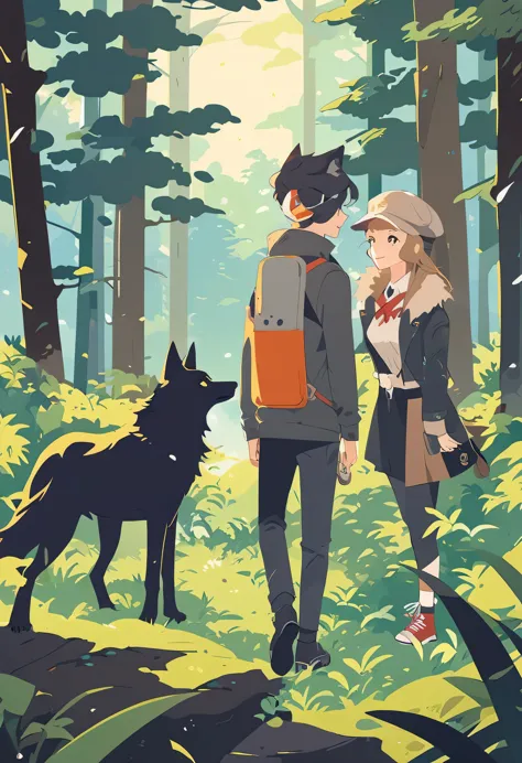movie poster, A girl and a wolf meet in the forest, flat Design, vector illustrations, graphic illustration, detailed 2d illustr...