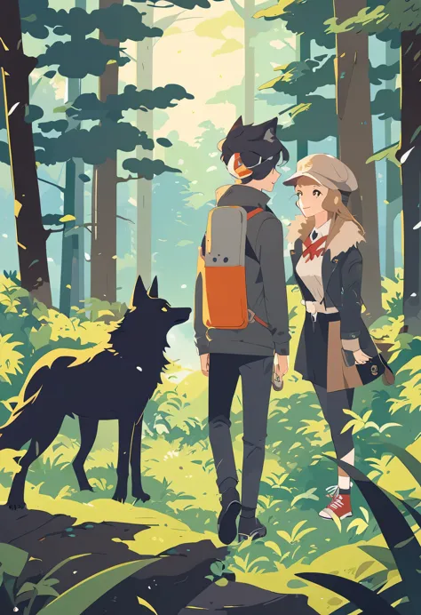 movie poster, a girl and a wolf meet in the forest, flat design, vector illustrations, graphic illustration, detailed 2d illustr...