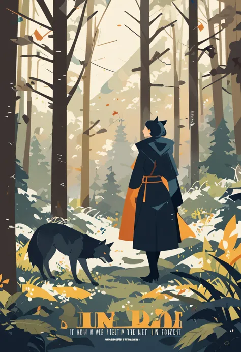 movie poster, A girl and a wolf meet in the forest, flat Design, vector illustrations, graphic illustration, detailed 2d illustration, flat illustration, digital illustration, digital artwork,