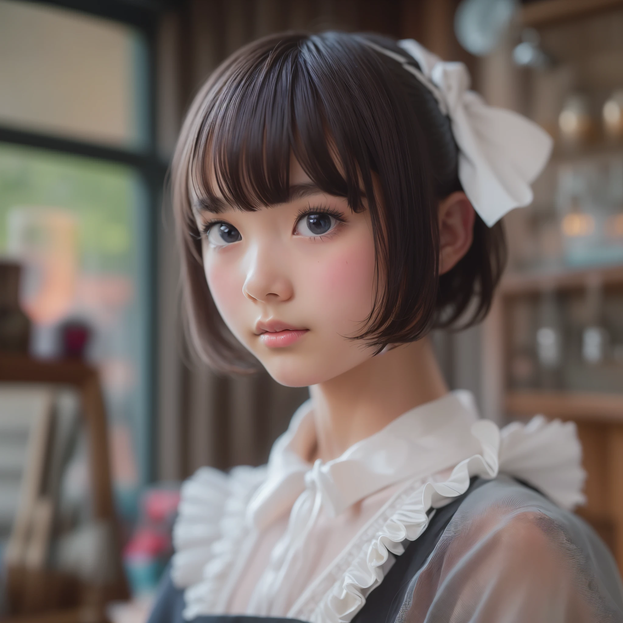 ((sfw:1.4)), (( extra short hair, sidelocks-hair, 1Girl)), Ultra High Resolution, (Realistic:1.4), RAW Photo, Best Quality, (Photorealistic), Focus, Soft Light, ((15 years old)), ((Japanese)), (( (young face))), (surface), (depth of field), masterpiece, (realistic), wearing highly detailed (( maid clothes with frills and ribbon)), bangs, ((1 girl)),.(looking at viewer:1.2)

