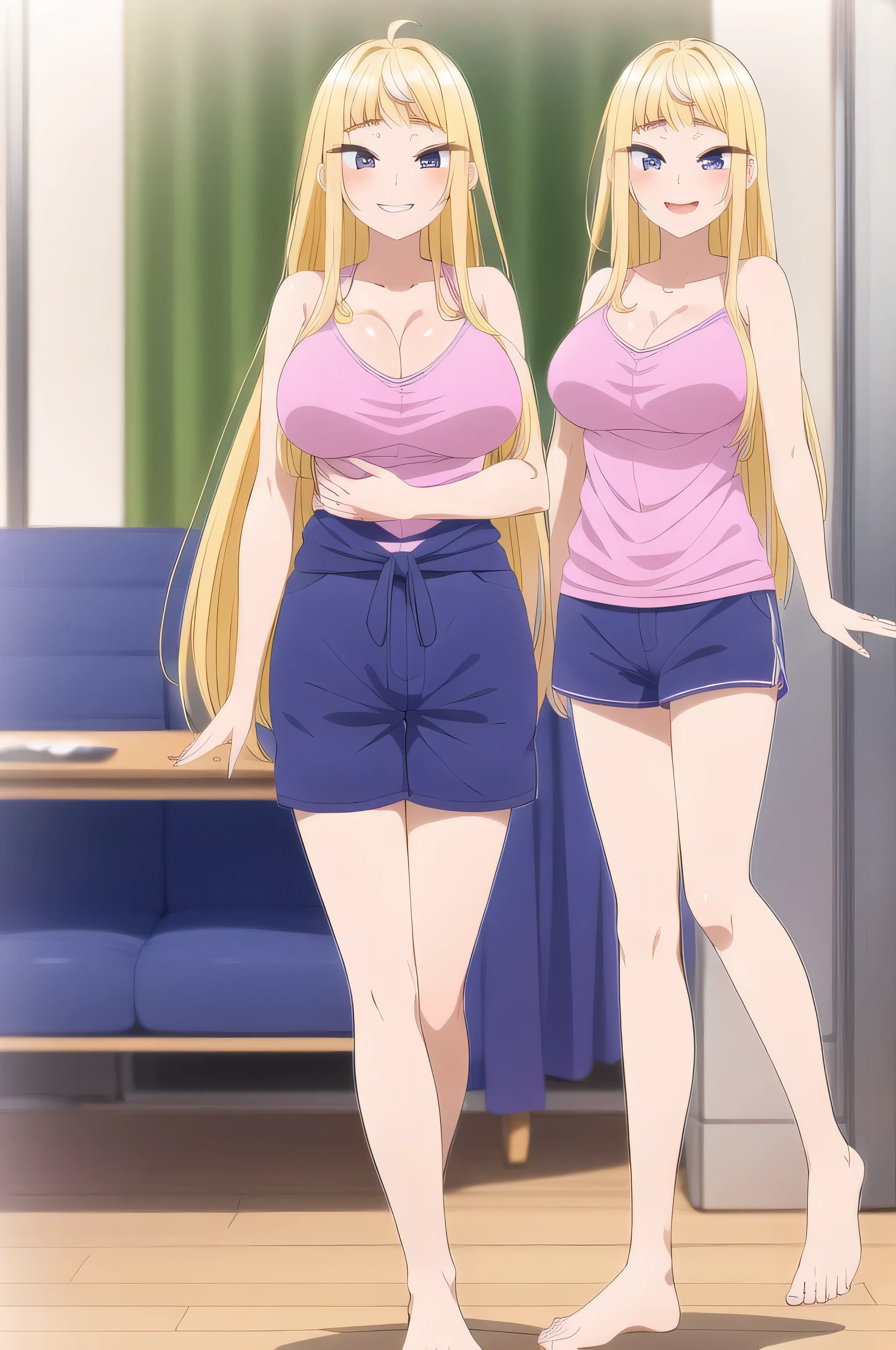 software, (masterpiece:1.4), (highest quality), (ultra High resolution), (fine grain:1.3), highest quality, High resolution, Perfect Anatomy, indoor, (fuyuki_Minami), Blonde Hair, long hair, White shirt, (Large breasts:1.3, Uniform Blazer_superior), (mini skirt:1.3, Navy Blue), (standing pose, Open your legs:1.5), Beautiful Bare Feet, smile, (Fingers４Parent Fingers in Book１Book),