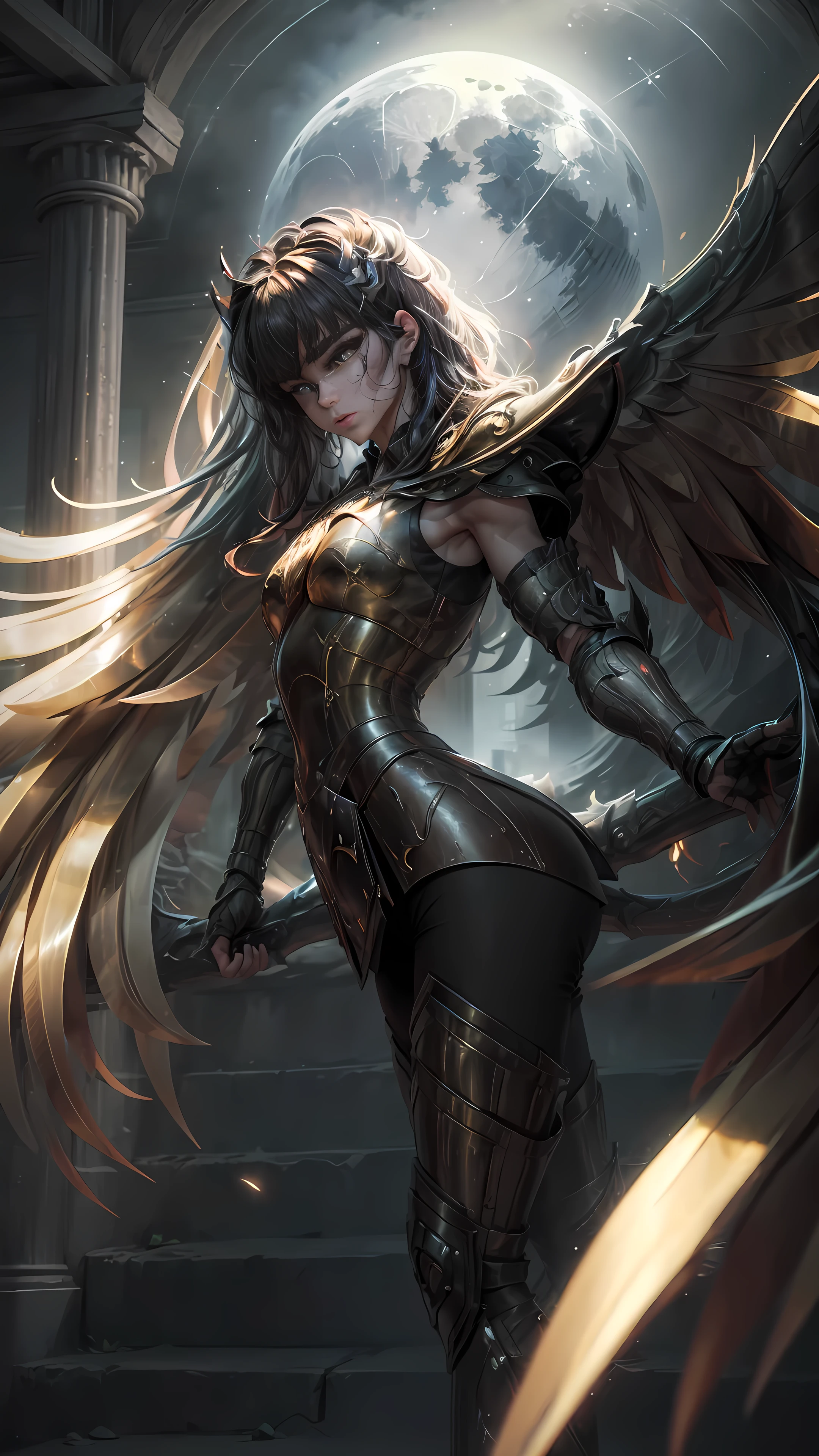 ((best quality)), ((Masterpiece)), (Highly detailed:1.3), Beauty Rio Tsukatsuki dressed in the golden armor of Sagittarius, Rio Tsukatsuki, sagittarius armor, perfect legs, medium body photo, red eyes, detailed eyes, perfect body, hd, on a dark night with a full moon and low light, (Extremely Detailed CG: 1.3), Depth of Field, Cinematic Lighting, Lens Flare, (Dramatic Atmosphere and sinister: 1.5), (formidable figure: 1.4), standing confidently, (large and imposing frame: 1.1), (very complex and realistic texture: 1.2), (best quality, 4k, 8k, high resolution, Masterpiece:1.2), ultra detailed, (realistic, photorealistic, photo-realistic:1.37), luminous eyes, masterpiece, high quality image, clear, defined face, perfect hands, rio tsukatsuki, halo, very long hair, hair ornament, SagittariusArmor, armor, golden armor, wings, long metal wings, long golden wings