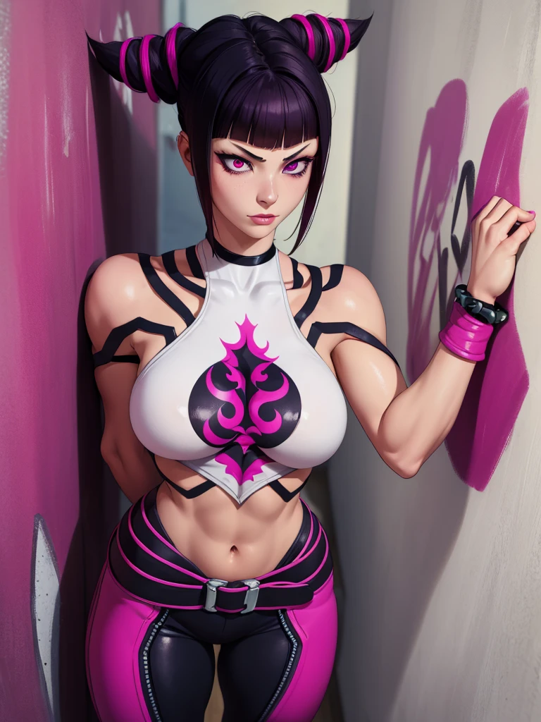 { - anatomy error} (Masterpiece - Ultra-detailed, very high resolution)Juri Han,Masterpiece, Best Quality, 1girl, report, crop-top, jean shorts, Choker, (graffiti:1.aint splatter, (Hands Behind Your Back), Against a wall, looking a viewer, A bracelet, thigh strap, Paint on the body, tilt of head, bored, fiery hair color, magenta eyes, juri han ,rosto yandere,brava
