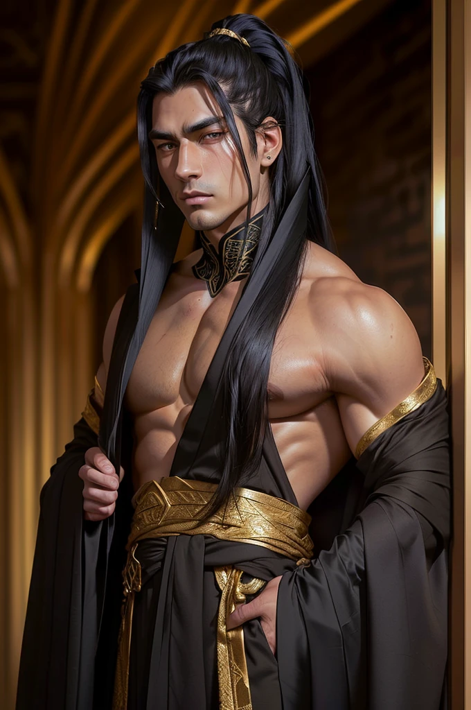 A muscular, handsome man with chiseled features, dressed in a flowing black robe adorned with intricate golden patterns. Your eyes are a piercing shade of blue, and her long black hair is tied into a sleek ponytail.