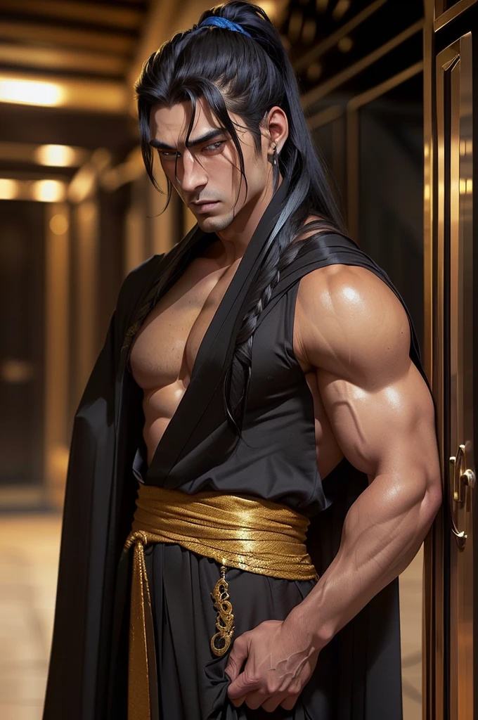 A muscular, handsome man with chiseled features, dressed in a flowing black robe adorned with intricate golden patterns. Your eyes are a piercing shade of blue, and her long black hair is tied into a sleek ponytail.