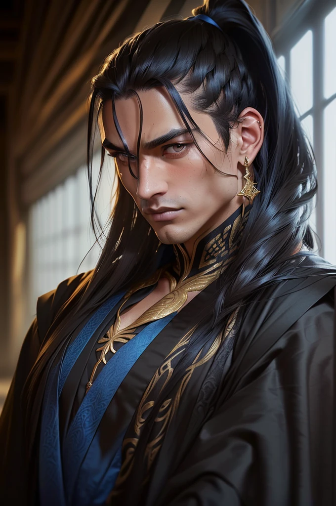 A muscular, handsome man with chiseled features, dressed in a flowing black robe adorned with intricate golden patterns. Your eyes are a piercing shade of blue, and her long black hair is tied into a sleek ponytail.