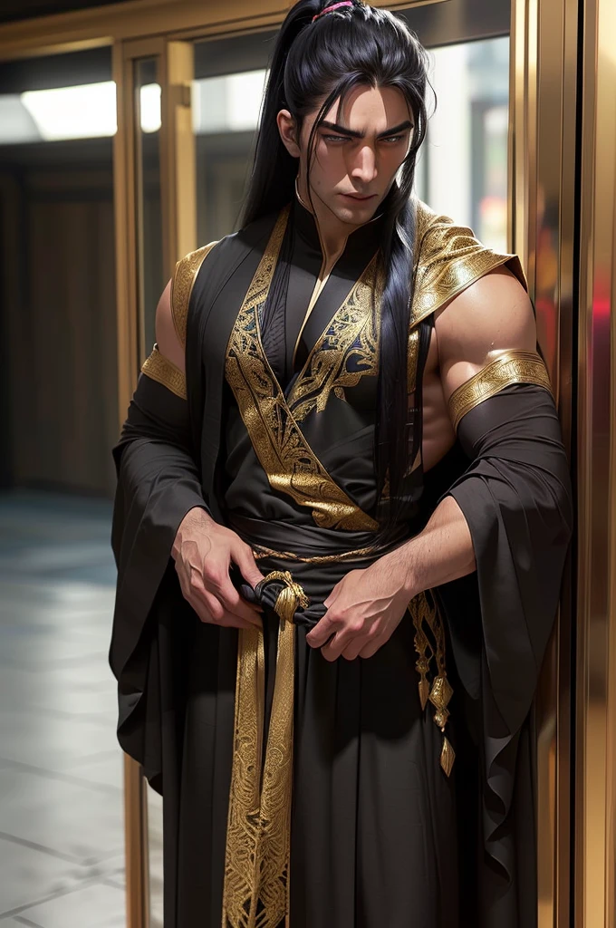 A muscular, handsome man with chiseled features, dressed in a flowing black robe adorned with intricate golden patterns. Your eyes are a piercing shade of blue, and her long black hair is tied into a sleek ponytail.