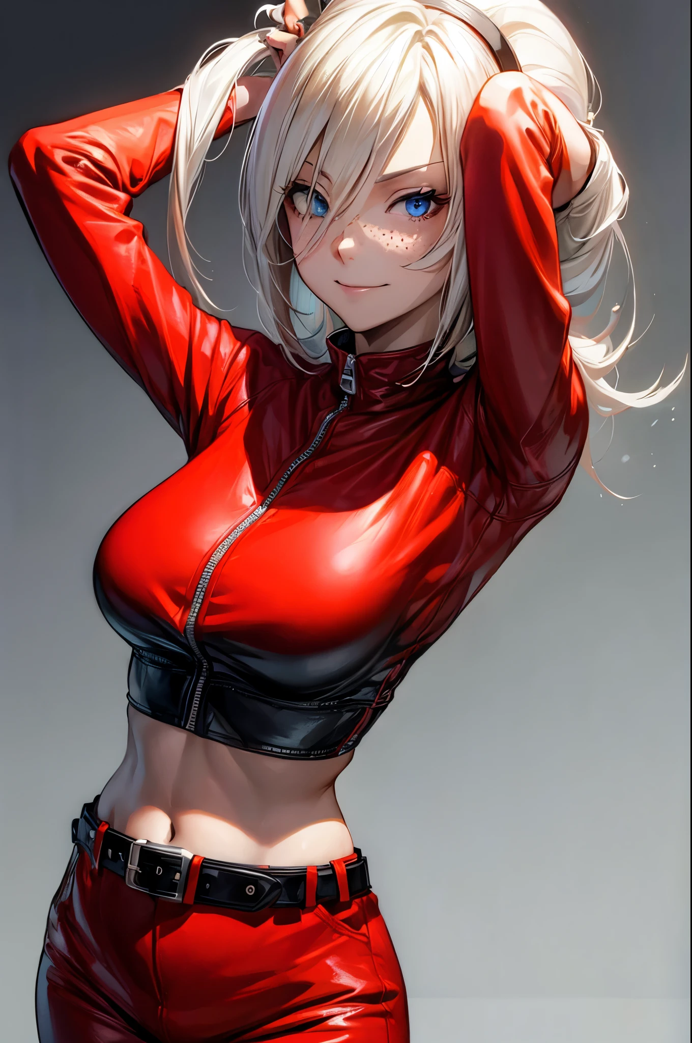 (masterpiece, best quality:1.2), expressive eyes, perfect face, highres, 1girl, solo, (female:1.5), AshCrimson, blonde hair, hair covering eye, hair band, red jacket, freckles, red bodysuit, red pants, belt, fingerless gloves, nail polish, smirk, midriff, arms up, standing, upper body portrait, looking at the viewer