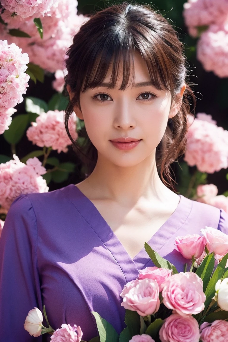 Medium View, Medium Shot, Written boundary depth, bust, Upper Body, Cinematic Angles, masterpiece, highest quality, Very detailed, cg, 8K Wallpaper, Beautiful Face, Delicate eyes, Otome, alone, smile, bangs, skirt, Purple shirt, bow, petal, bouquet