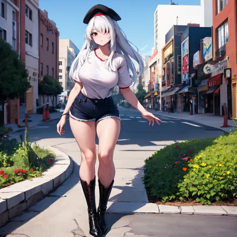 A woman wearing a casual red shirt, short black denim shorts, black boots, long white hair, casual black hat, exposed thigh, ful...