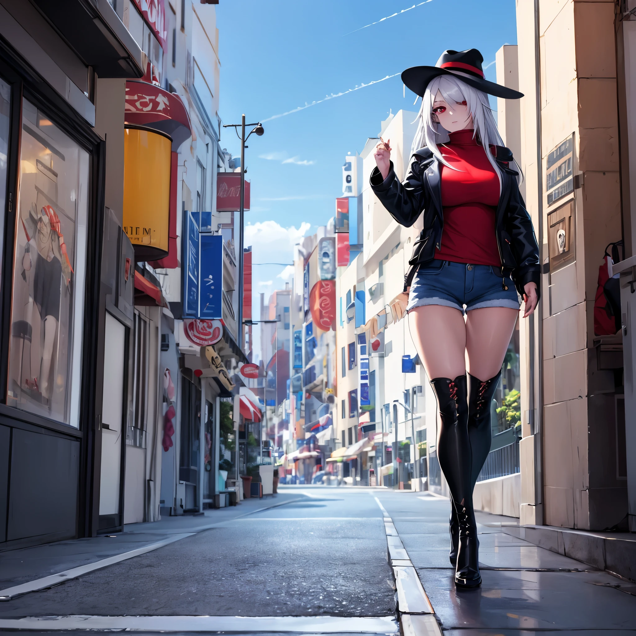 A woman wearing a casual red shirt, short black denim shorts, black boots, long white hair, casual black hat, exposed thigh, full body, red eyes walking on a sidewalk overlooking Hollywood, blue sky with clouds,(solo woman), HDR, ultra resolution, sharp, masterpiece, 8K HD
