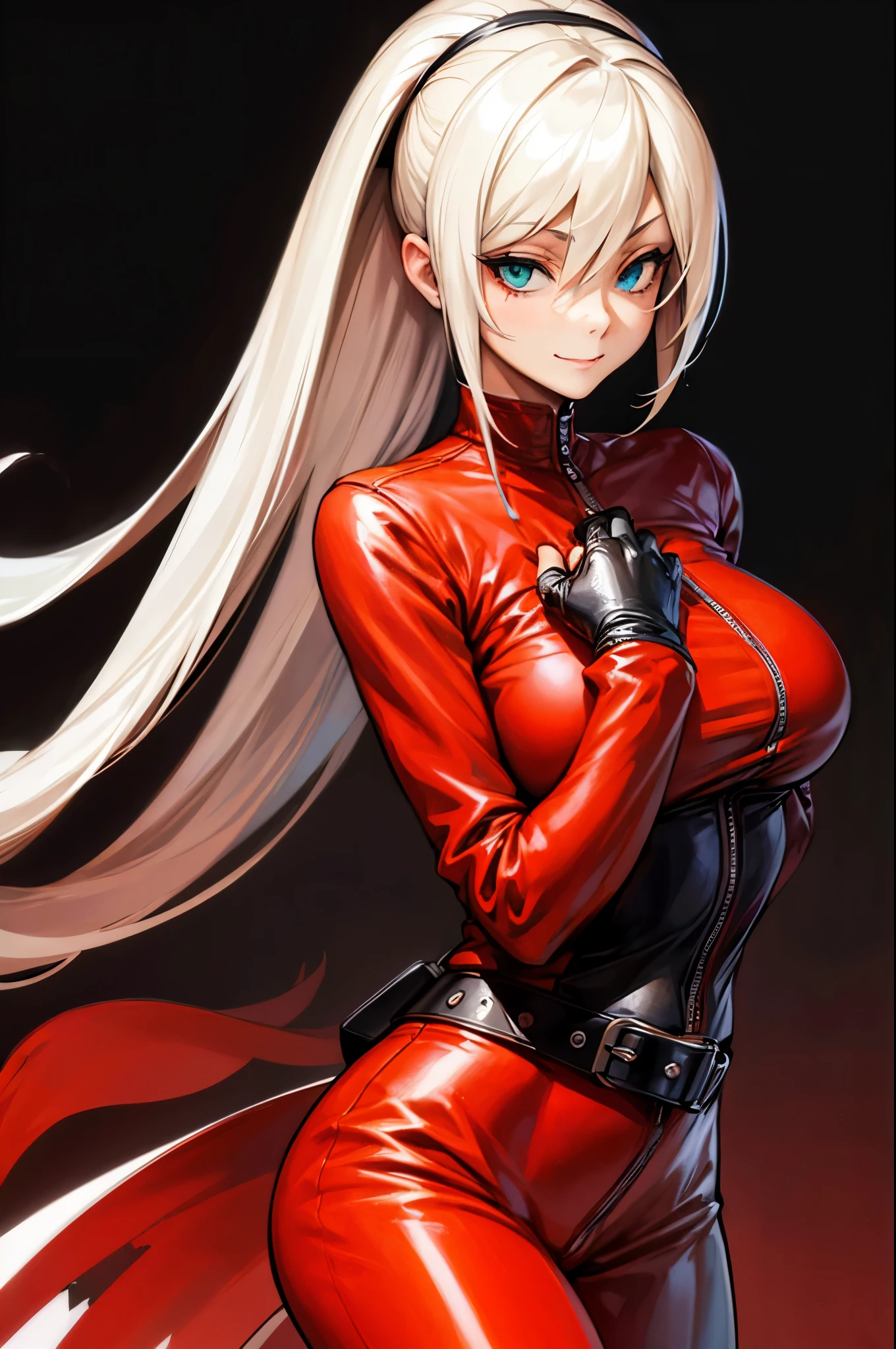 (masterpiece, best quality:1.2), expressive eyes, perfect face, highres, 1girl, solo, (female:1.5), AshCrimson, blonde hair, hair covering eye, hair band, red jacket, freckles, red bodysuit, red pants, belt, fingerless gloves, nail polish, smirk, midriff, arms up,  blacl background, green fire, posing, standing, upper body portrait, looking at the viewer