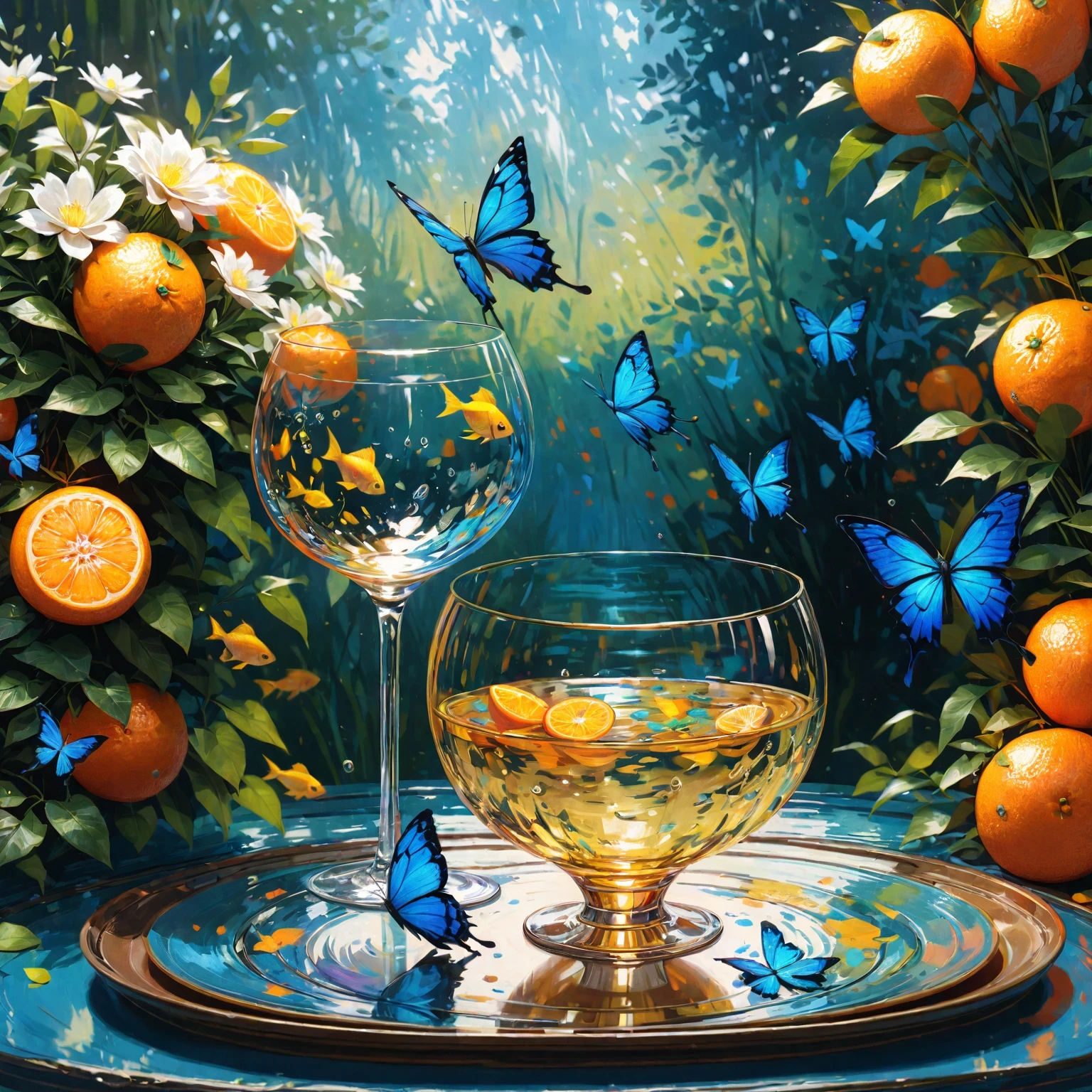 DIY31,A 떠는 acrylic painting featuring a blue butterfly dancing among the lush flowers of a garden, 투명한 유리컵 속에 황금빛 물고기가 자유롭게 헤엄치고 있는 모습. 유리가 담긴 접시의 상세한 패턴, 푸른 나비의 섬세한 얼룩무늬 날개가 선명하게 보입니다.. 인상적인 스타일의 차분한 정원 배경이 평온함을 더해줍니다., 황금빛 물고기는 현장에 생생한 컬러와 에너지를 더해줍니다.. 푸른나비와 황금물고기의 조화로운 상호작용, 유리컵의 미묘한 빛 반사로 깊이와 입체감을 만들어냅니다.. 풍부한 블루스 팔레트, 오렌지, 그리고 노란색이 섞여있어요, 섬세한 아크릴 붓놀림으로 정교하게 담아냈습니다.. 높은 해상도, 평온함과 즐거운 분위기를 자아내는 고품질 예술 작품, 초현실적, 상세한, 화려한, 떠는, 고요한 정원, 클로드 모네 같은 예술가들의 작품, 떠는 colors, 초현실주의, 높은 다이내믹 레인지, 포토리얼리즘.
