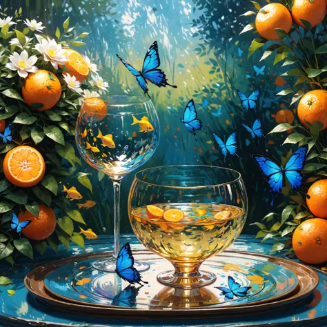 diy31,A vibrant acrylic painting featuring a blue butterfly dancing among the lush flowers of a garden, with a golden fish swimming freely in a clear glass cup. Detailed pattern on the plate containing the glass, with the blue butterfly's delicate spotted ...