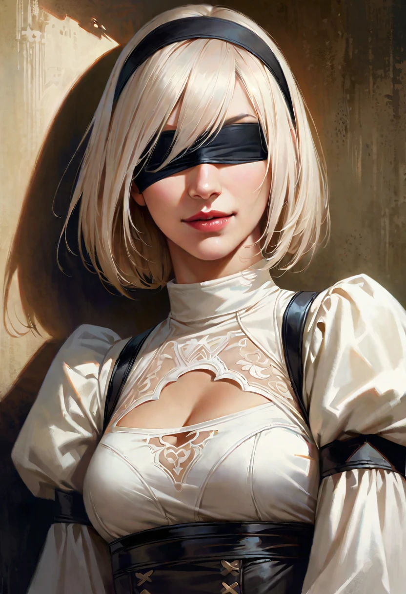 One Girl, Wow, (Both blindfolded), chest, chestの谷間, chestの谷間 cutout, Dress cutout, Old Western castle street background, Hair between the eyes, head band, ((Blindfold that completely covers both eyes:1.2)), High resolution, Juliet Sleeve, Long sleeve, Nier (series), Nier automata, Fluffy sleeves, Red lips, Lips with raised corners of the mouth, Smiling Lips, Shadow Face, short hair, alone, Turtleneck sweater, Upper Body, l Blue-white silver hair, null、{{masterpiece、highest quality、(((Realistic、Realistic:1.37)))、8K quality、very detailed and beautiful、It&#39;s a very impressive expression、Large file size、Very detailed}},