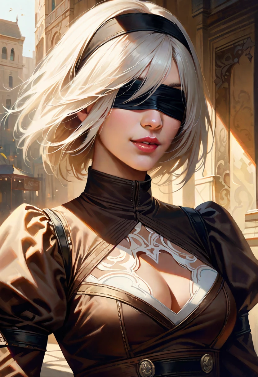 One Girl, Wow, (Both blindfolded), chest, chestの谷間, chestの谷間 cutout, Dress cutout, Old Western castle street background, Hair between the eyes, head band, ((Blindfold that completely covers both eyes:1.2)), High resolution, Juliet Sleeve, Long sleeve, Nier (series), Nier automata, Fluffy sleeves, Red lips, Lips with raised corners of the mouth, Smiling Lips, Shadow Face, short hair, alone, Turtleneck sweater, Upper Body, l Blue-white silver hair, null、{{masterpiece、highest quality、(((Realistic、Realistic:1.37)))、8K quality、very detailed and beautiful、It&#39;s a very impressive expression、Large file size、Very detailed}},