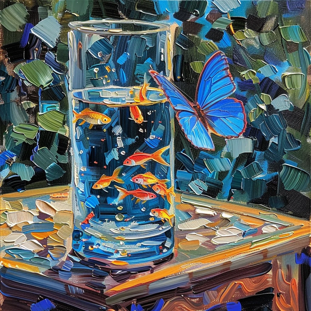 生机勃勃的花园中蓝色蝴蝶与金色鱼儿的丙烯画，浓墨淡彩总相宜