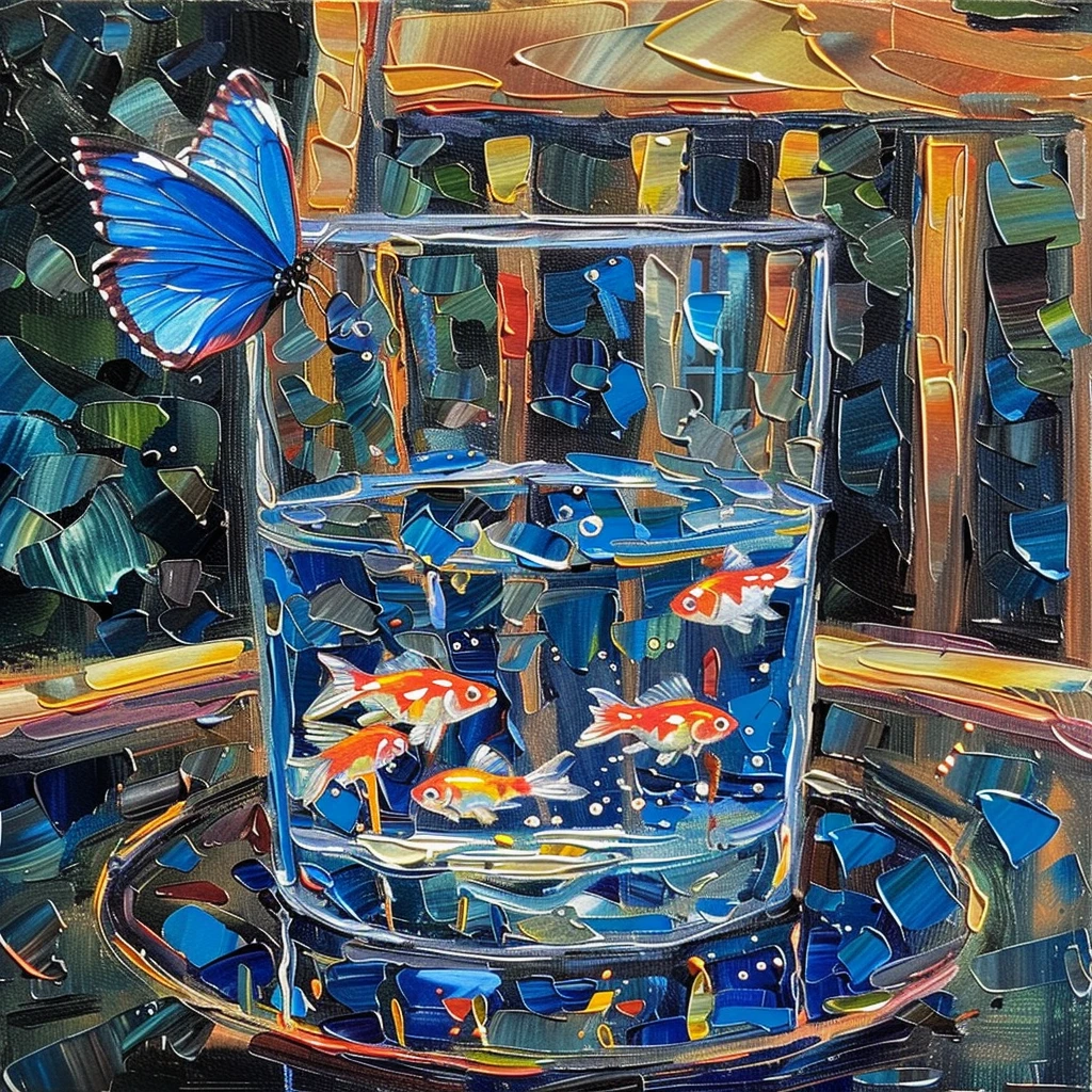 生机勃勃的花园中蓝色蝴蝶与金色鱼儿的丙烯画，浓墨淡彩总相宜