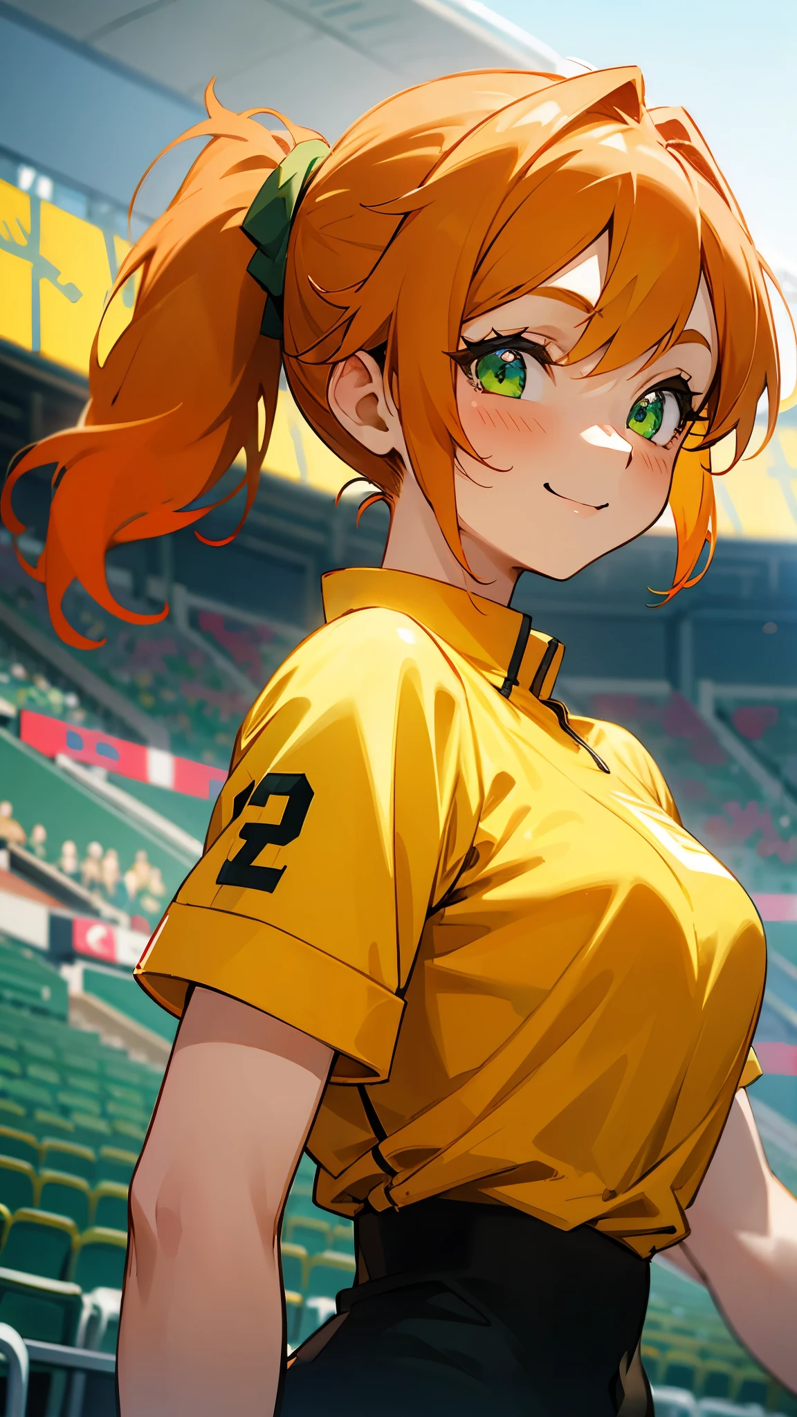 1 girl、anime painting、Orange Hair、Beautiful green eyes、Side Ponytail、Vibrant colors、yellow shirt、smile、From the side、Upper body close-up、Stadium stand seating background