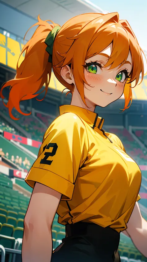 1 girl、anime painting、Orange Hair、Beautiful green eyes、Side Ponytail、Vibrant colors、yellow shirt、smile、From the side、Upper body ...