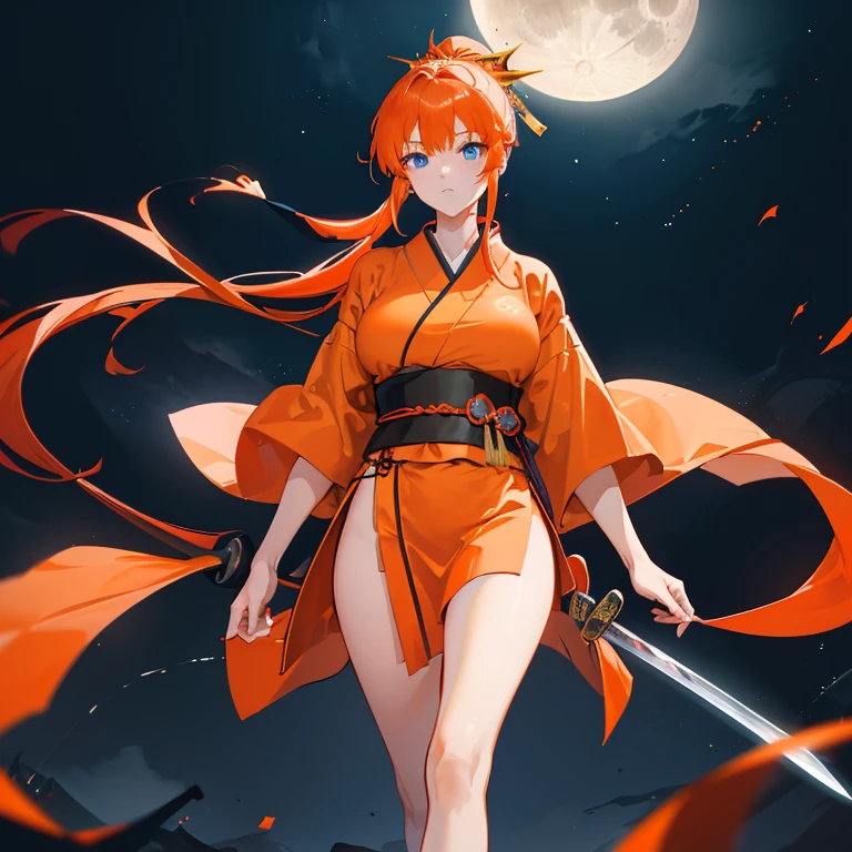 ((Orange Hair　ponytail　Long Hair　Red kimono　Calmness　Lonely))　((blue eyes　night　moon　Cong Yun　Shining Background　Large Breasts　Draw your sword　Long sword　Hold with one hand　Has a handle))　(Shining golden aura　Firm stomach　shine)　Thin legs　Warlike　thin ribbon　Black Belt　geta　Japanese style　Dance