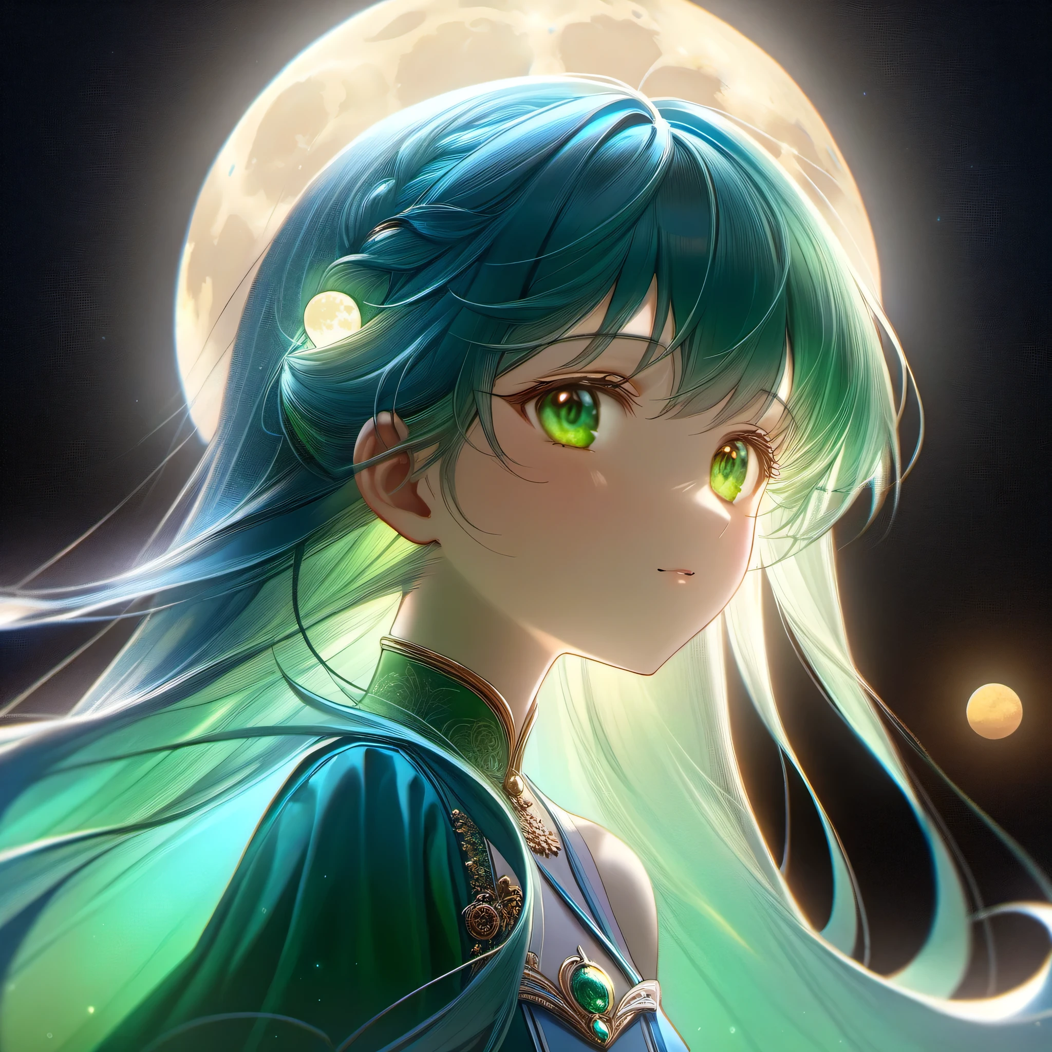 one princess looking up to the moon on water, at midnight, the young siter taste, pale blue moon, cute face, majolica blue semi-long hair with emerald green innor color, emerald green eyes, looking up to the moon, naiad, illusory scene, calm, impressive, ((portrait)) ((masterpiece, best quality, ultra-detailed, an extremely delicate and beautiful)), ((photorealism, hyperrealism)), ((extremely detailed CG unity 8k wallpaper)), ((award winning, ccurate, UHD, textured skin, chromatic aberration, perfect anatomy, golden ratio)), (exquisite attention to detail), ((perfect_composition, perfect_design, perfect_layout, perfect_detail, ultra_detailed)), ((aesthetic harmony)), ((aesthetic style))