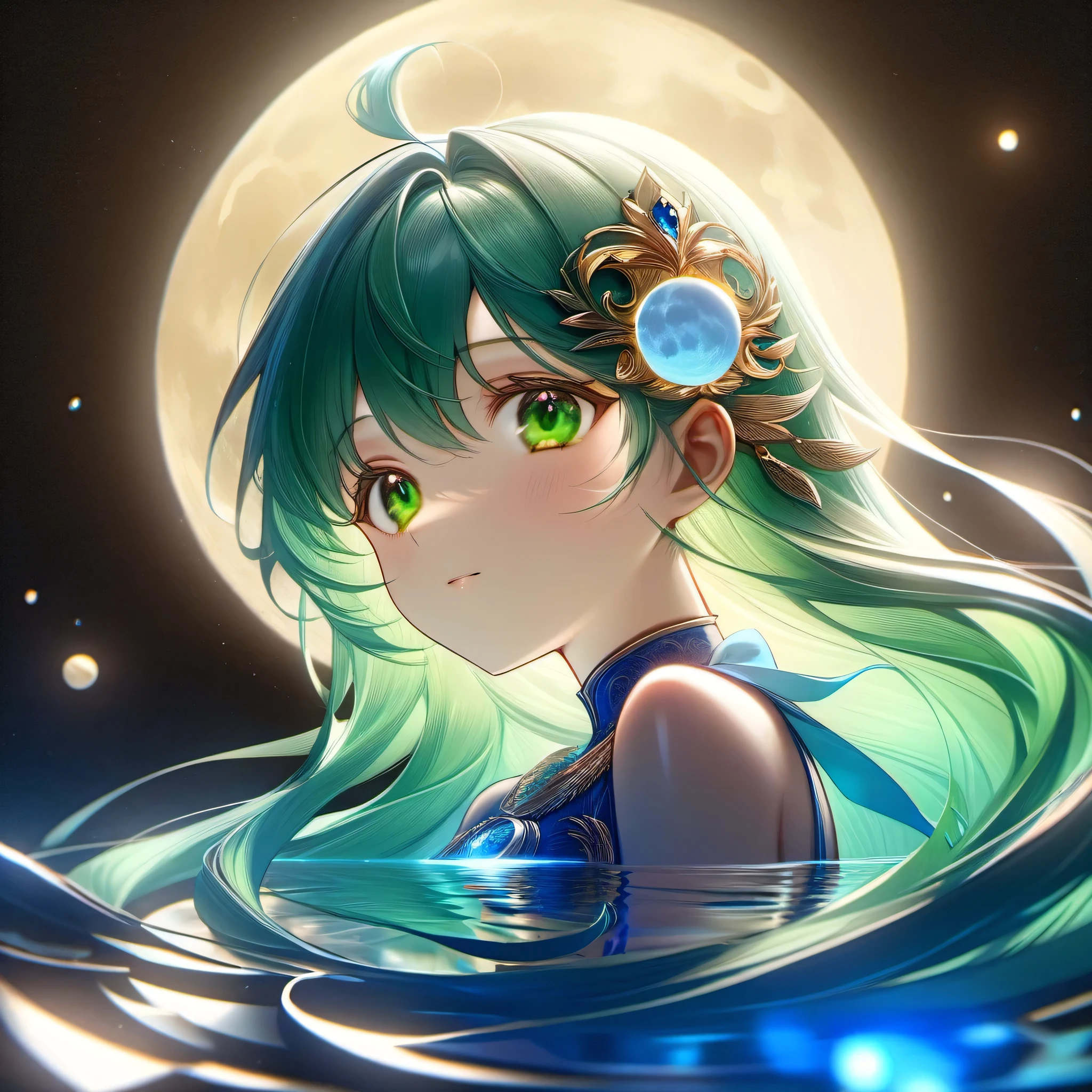one princess looking up to the moon on water, at midnight, the young siter taste, pale blue moon, cute face, majolica blue semi-long hair with emerald green innor color, emerald green eyes, looking up to the moon, naiad, illusory scene, calm, impressive, ((portrait)) ((masterpiece, best quality, ultra-detailed, an extremely delicate and beautiful)), ((photorealism, hyperrealism)), ((extremely detailed CG unity 8k wallpaper)), ((award winning, ccurate, UHD, textured skin, chromatic aberration, perfect anatomy, golden ratio)), (exquisite attention to detail), ((perfect_composition, perfect_design, perfect_layout, perfect_detail, ultra_detailed)), ((aesthetic harmony)), ((aesthetic style))
