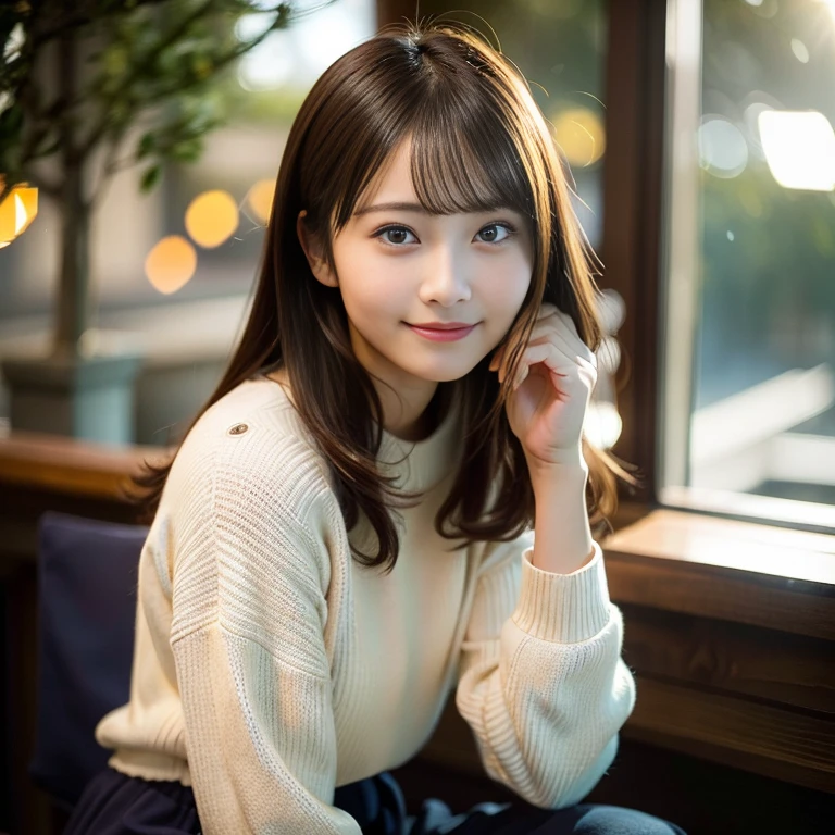 Japanese girl in casual clothes、Looking at the audience、Pose with a smile(highest quality、masterpiece)))、High resolution、Very detailed、masterpiece、Cinema lighting、(8k、highest quality、masterpiece:1.2)、(Realistic、Photorealistic:1.37) High Resolution、Ultra-detailed、1 Female 、Nogizaka, Cute face, solo,  Textured skin:1.2, Beautiful smile,  Detailed Cafe, night, Cinema lighting,  Lens flare light、Sit on、Date、(A shy smile:1.2)、Medium Chest、Beautifully detailed eyes、(sweater:1.1)、night、From the waist up:1.2