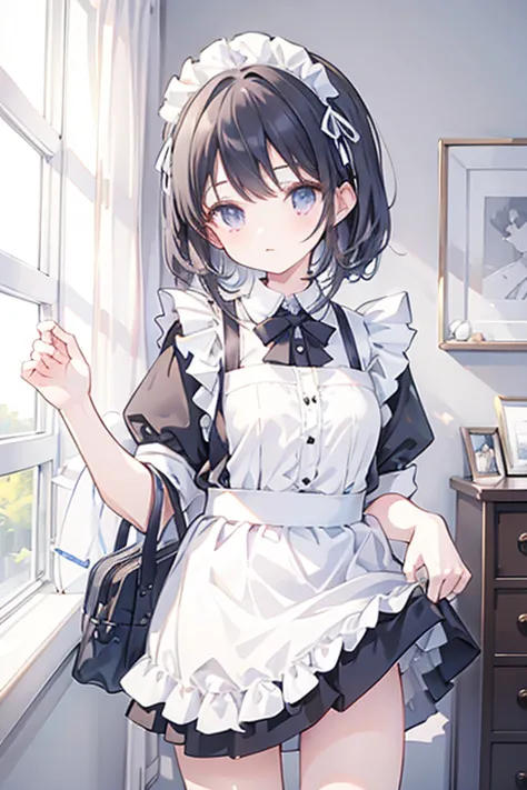 girl, maid uniform, wearing a skirt over short white frill inner Petit Pants, lift skirt